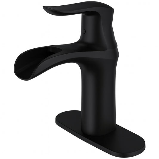 BWE Waterfall Single Hole Single-Handle Low-Arc Bathroom Faucet With Deck Plate in Matte Black