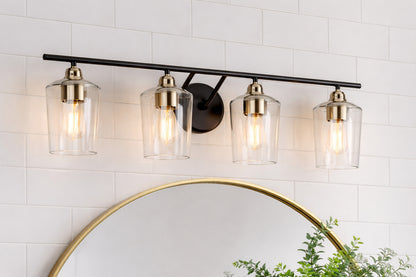 Zevni 20 5 in Modern 4 Light Black Bathroom Vanity Lights Brass Gold Bath Lighting Seeded Glass Shade Wall Sconce