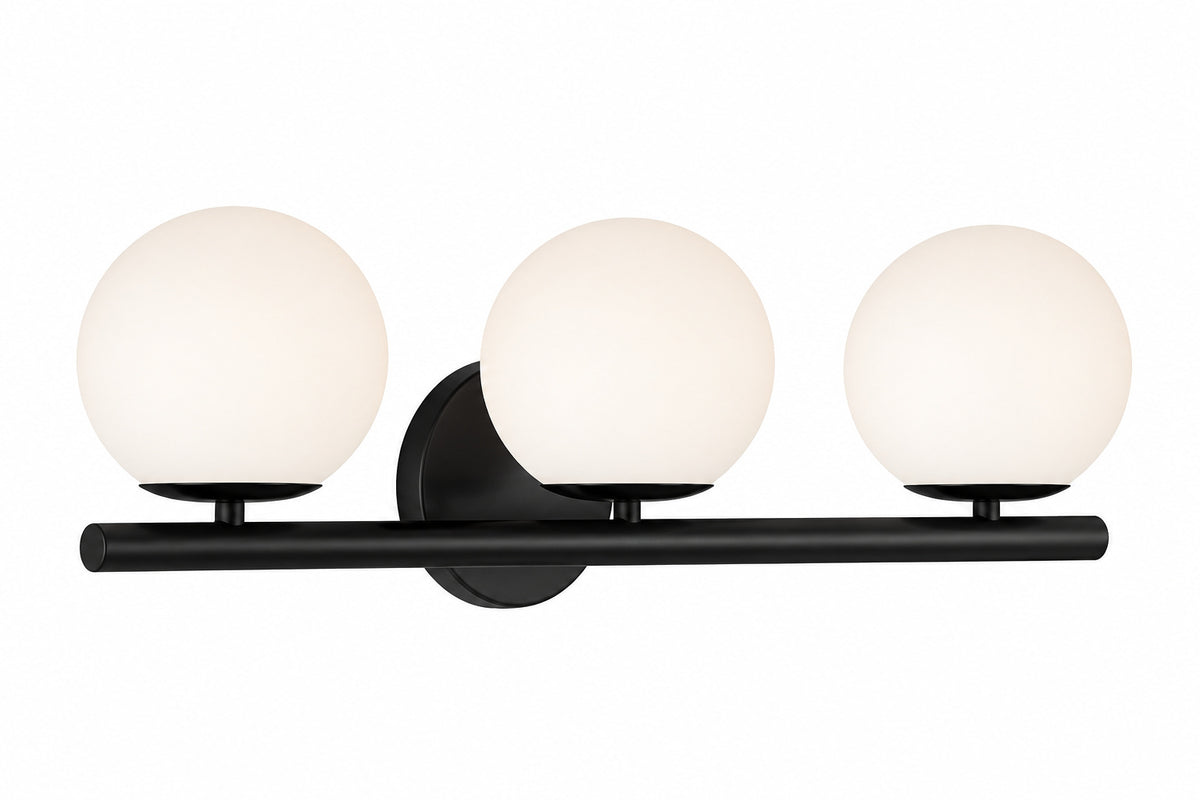 Designers Fountain Crown Heights 25 in 3 Light Matte Black Modern Vanity Light with Etched Opal Glass Shades for Bathrooms D252C 3B MB