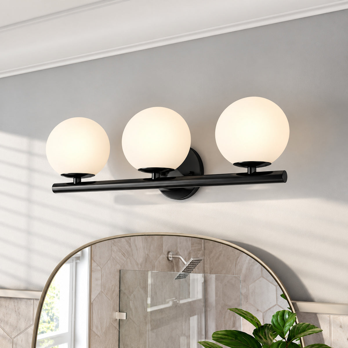 Designers Fountain Crown Heights 25 in 3 Light Matte Black Modern Vanity Light with Etched Opal Glass Shades for Bathrooms D252C 3B MB