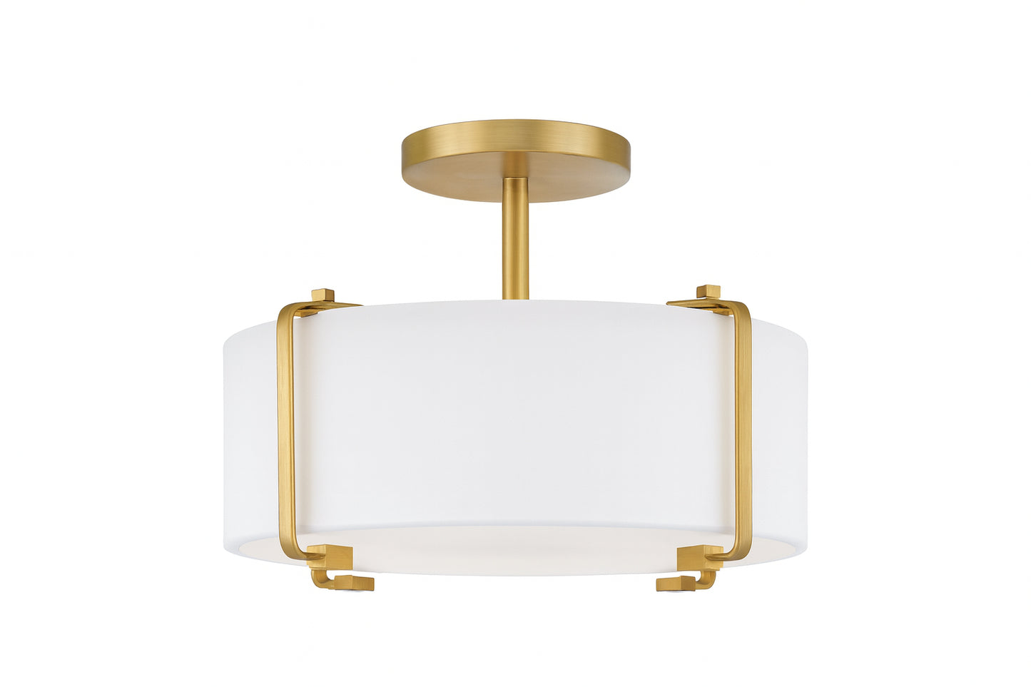 Home Decorators Collection Brookley 14 in. 2-Light Brushed Gold Semi-Flush Mount with White Fabric Shade