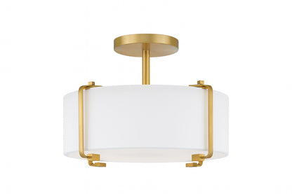 Home Decorators Collection Brookley 14 in. 2-Light Brushed Gold Semi-Flush Mount with White Fabric Shade