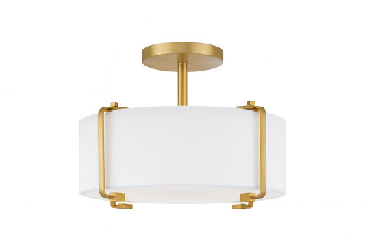 Home Decorators Collection Brookley 14 in. 2-Light Brushed Gold Semi-Flush Mount with White Fabric Shade