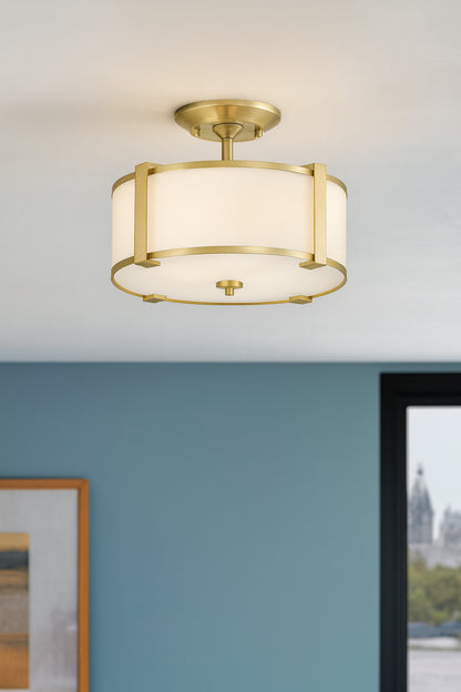 Home Decorators Collection Brookley 14 in. 2-Light Brushed Gold Semi-Flush Mount with White Fabric Shade