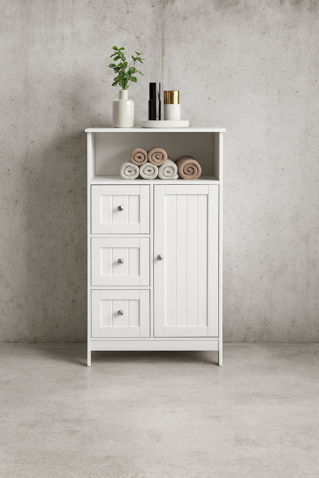 Nestfair 23.62 in. W x 11.8 in. D x 39.57 in. H White Bathroom Standing storage Linen Cabinet with 3 Drawers and 1 Door