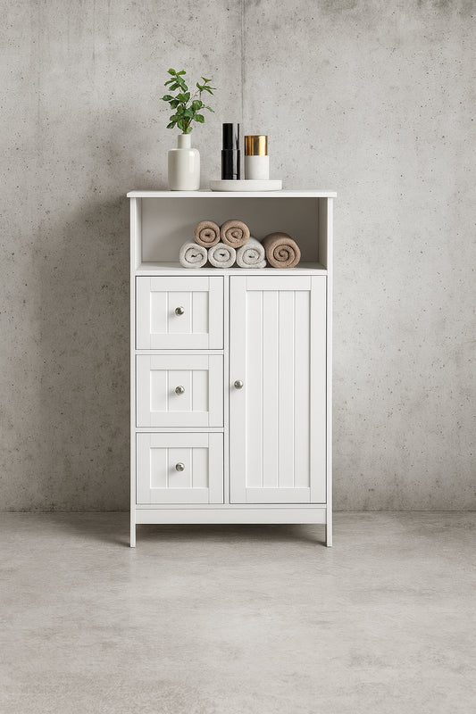 Nestfair 23.62 in. W x 11.8 in. D x 39.57 in. H White Bathroom Standing storage Linen Cabinet with 3 Drawers and 1 Door