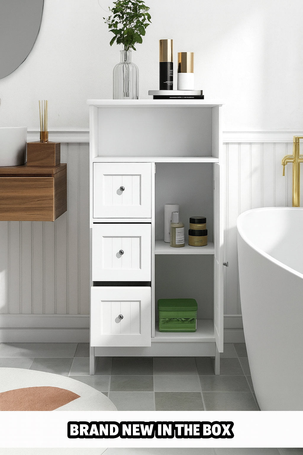 Nestfair 23.62 in. W x 11.8 in. D x 39.57 in. H White Bathroom Standing storage Linen Cabinet with 3 Drawers and 1 Door