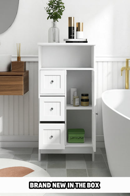 Nestfair 23.62 in. W x 11.8 in. D x 39.57 in. H White Bathroom Standing storage Linen Cabinet with 3 Drawers and 1 Door