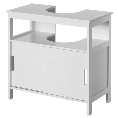 White Vanity Sink Base 2 Door Cabinet Storage U Shape Organizer, Rolling Doors, and Open Shelf