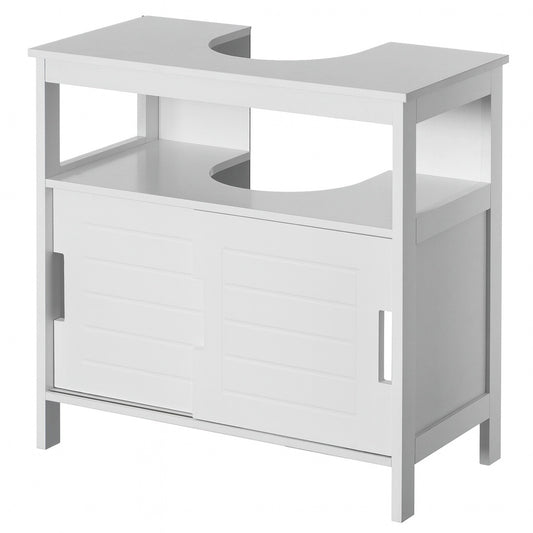 White Vanity Sink Base 2 Door Cabinet Storage U Shape Organizer, Rolling Doors, and Open Shelf