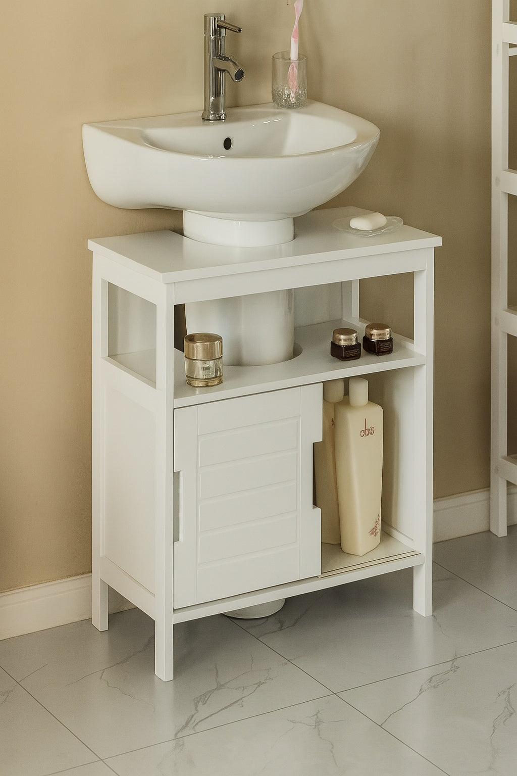 White Vanity Sink Base 2 Door Cabinet Storage U Shape Organizer, Rolling Doors, and Open Shelf