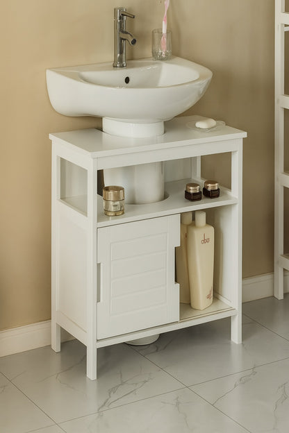 White Vanity Sink Base 2 Door Cabinet Storage U Shape Organizer, Rolling Doors, and Open Shelf