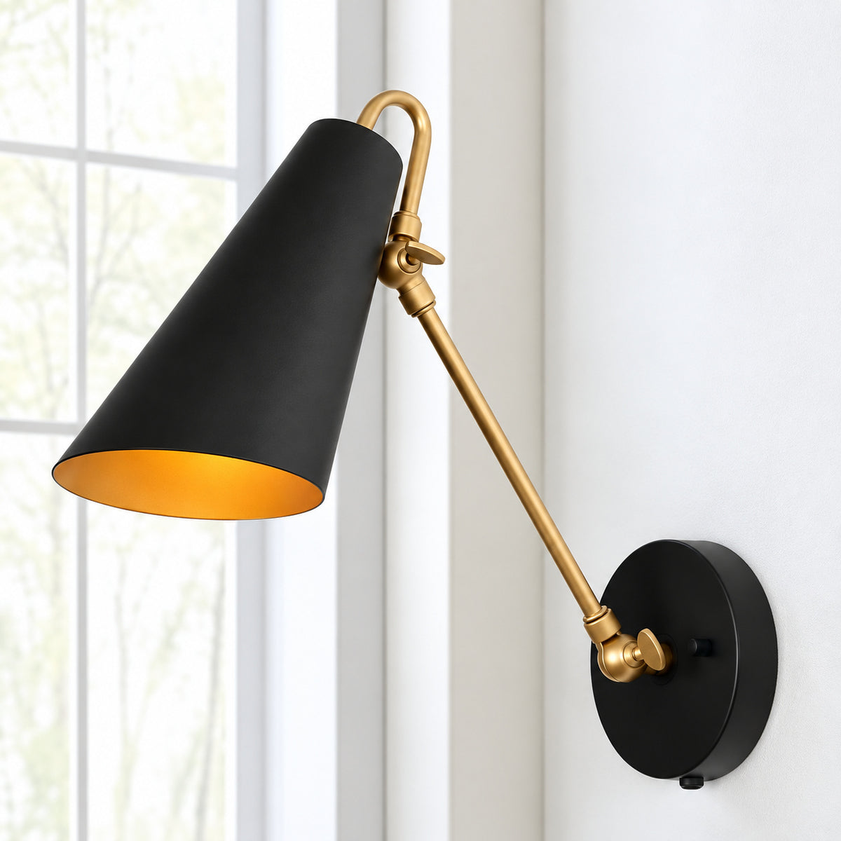 Zevni Black DIY Swing Arm Wall Lamp 1 Light Modern Gold Wall Sconce Farmhouse Wall Light Fixture for Bedrooms Hallways