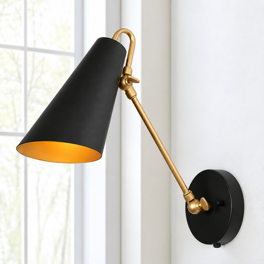 Zevni Black DIY Swing Arm Wall Lamp 1 Light Modern Gold Wall Sconce Farmhouse Wall Light Fixture for Bedrooms Hallways