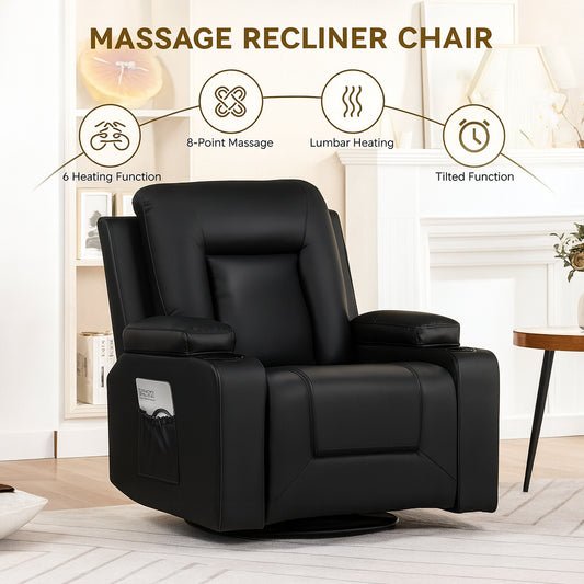 ComHoma Recliner Chair Massage and Heat Swivel Rocker Recliners with Side Pockets, Cup Holders, Black