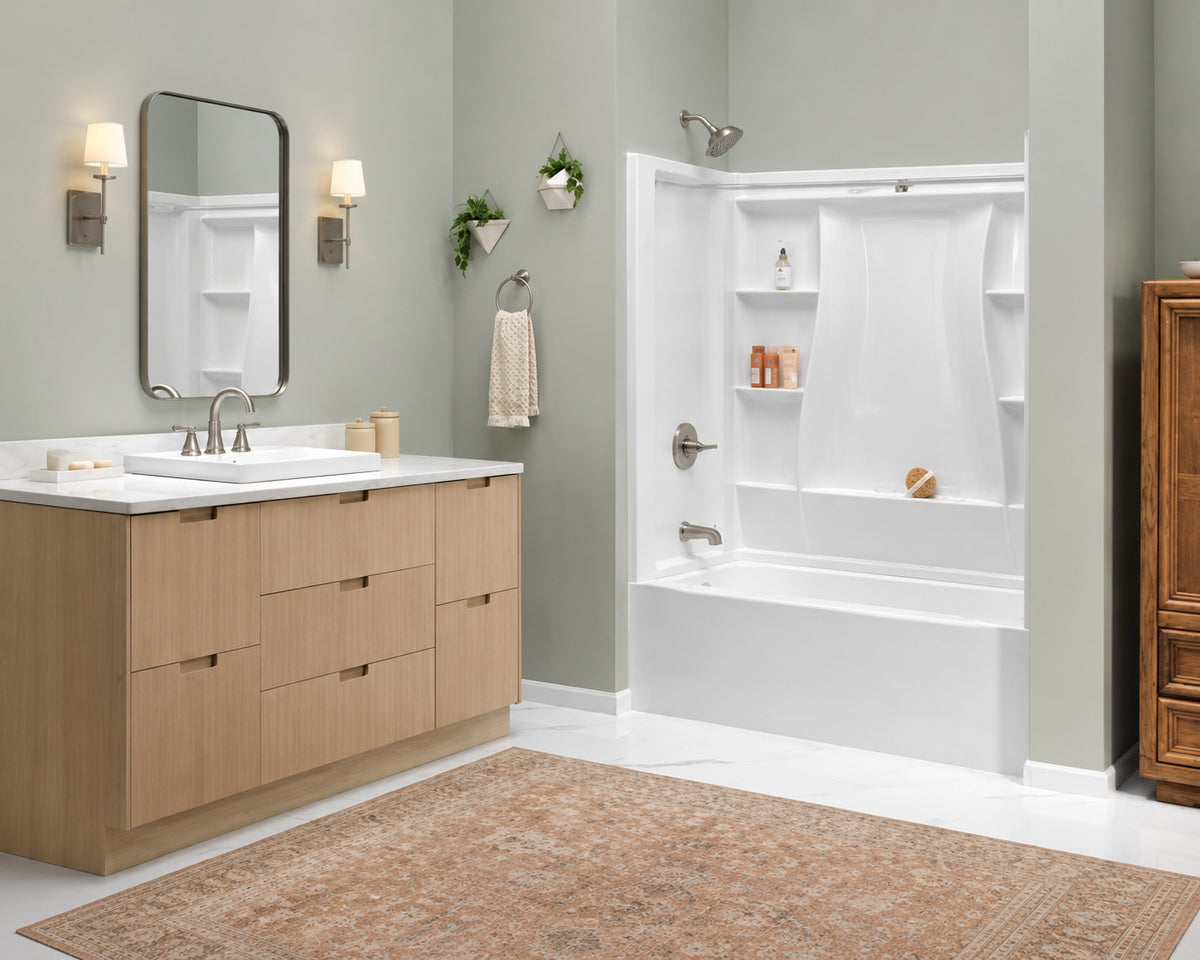 Delta Classic 500 60 in W x 61 25 in H x 32 in D 3 Piece Direct to Stud Alcove Bathtub Shower Surrounds in High Gloss White B23205 6032 WH