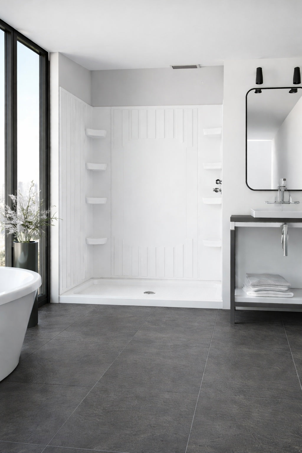 DreamLine SlimLine 60 in x 32 in Single Threshold Alcove Shower Pan Base in White with Center Drain