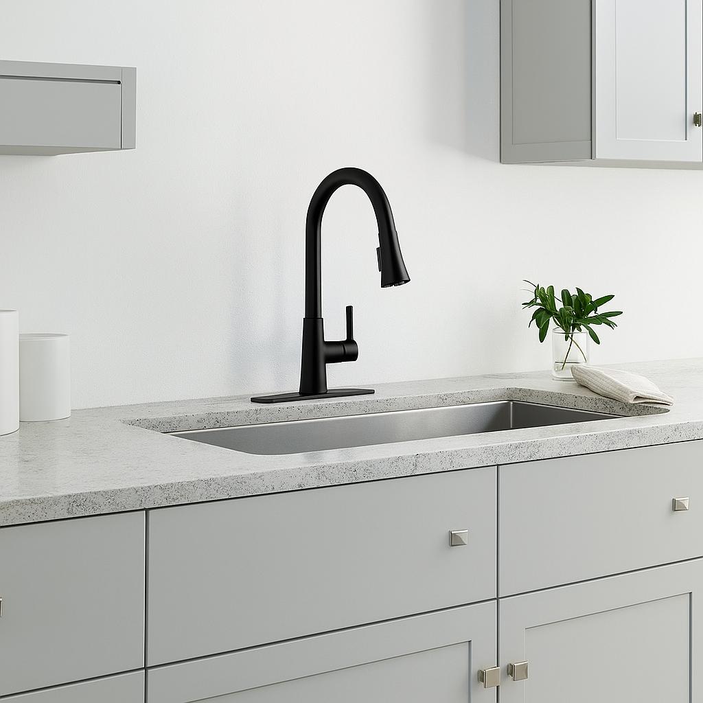 Paulina Single-Handle Pull-Down Sprayer Kitchen Faucet with TurboSpray, FastMount, Soap Dispenser in Matte Black
