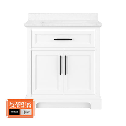 Home Decorators Collection Doveton 30 in Single Sink Freestanding White Bath Vanity with White Engineered Marble Top Assembled Doveton