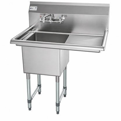 Koolmore 1 Compartment Stainless Steel NSF Commercial Kitchen Prep and Utility Sink with 1 Right Drainboard and Faucet 1CSS 1DB F