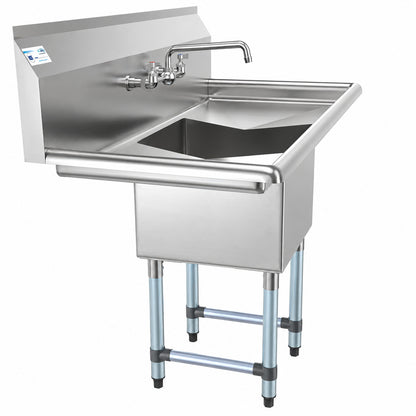 Koolmore 1 Compartment Stainless Steel NSF Commercial Kitchen Prep and Utility Sink with 1 Right Drainboard and Faucet 1CSS 1DB F