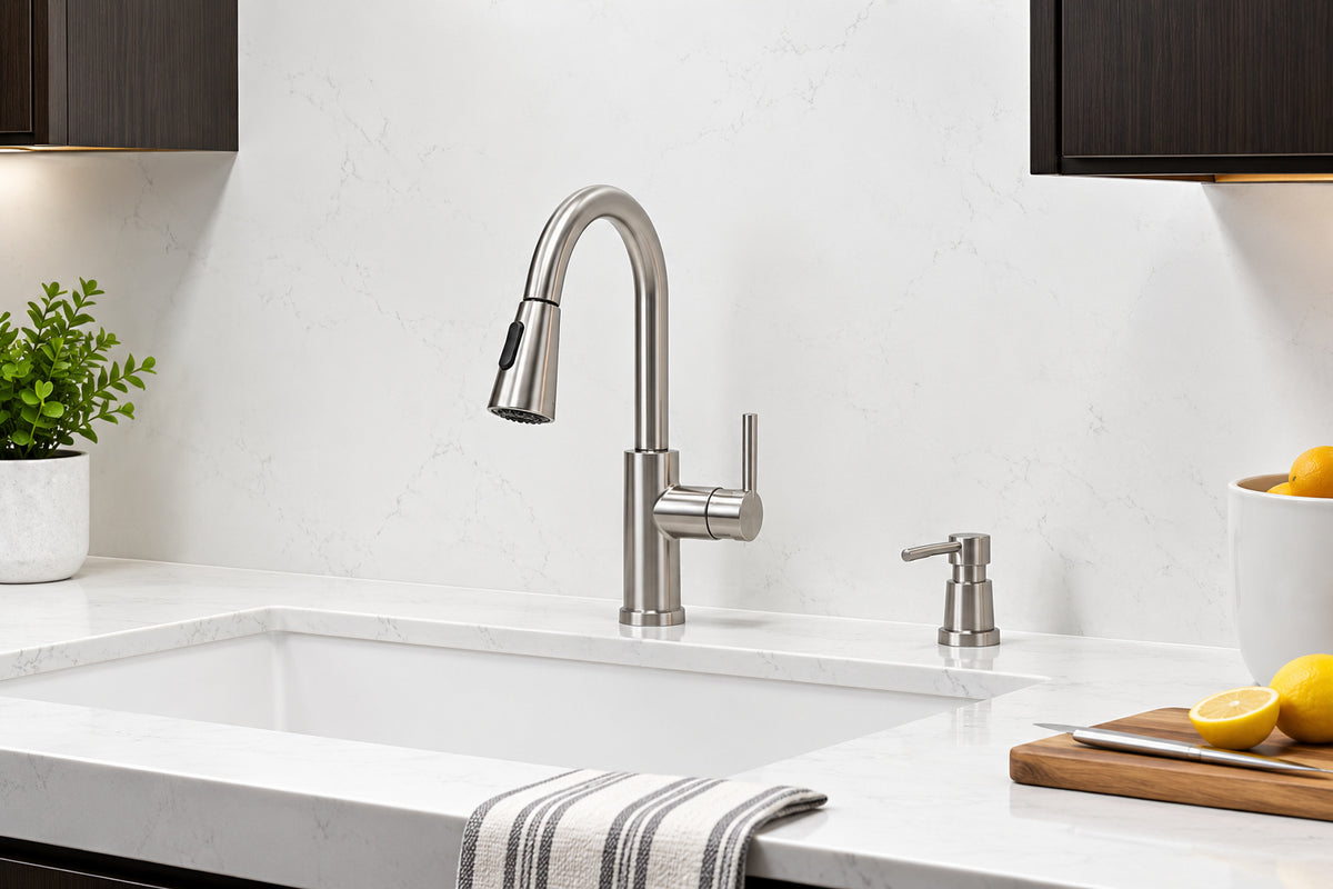 Glacier Bay Kagan Stainless Steel 15 in H Pull Down Sprayer Kitchen Faucet with 360 Swivel Spout 21 K153KSS GB