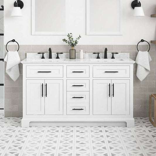 Doveton 60 in. Double Sink Freestanding White Bath Vanity with White Engineered Marble Top (Assembled) 828796115476 Home Decorators Collection