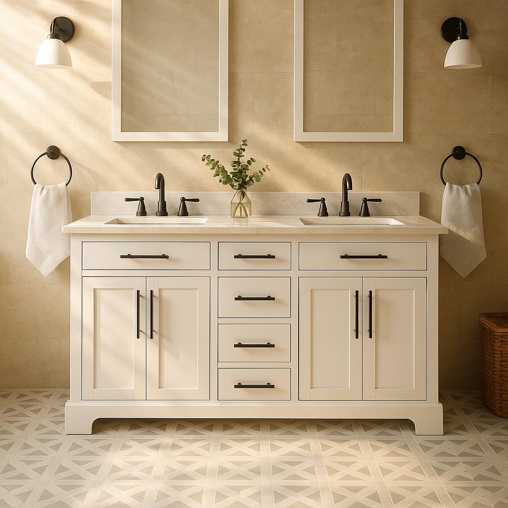 Doveton 60 in. Double Sink Freestanding White Bath Vanity with White Engineered Marble Top (Assembled) 828796115476 Home Decorators Collection