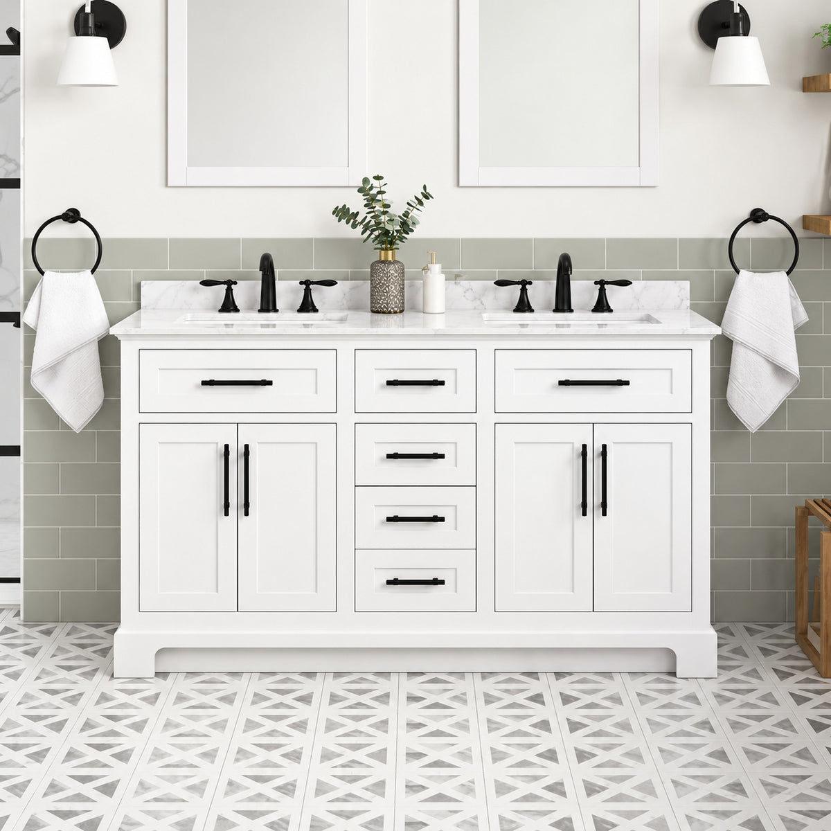 Home Decorators Collection Doveton 60 in Double Sink Freestanding White Bath Vanity with White Engineered Marble Top Assembled Doveton 60W