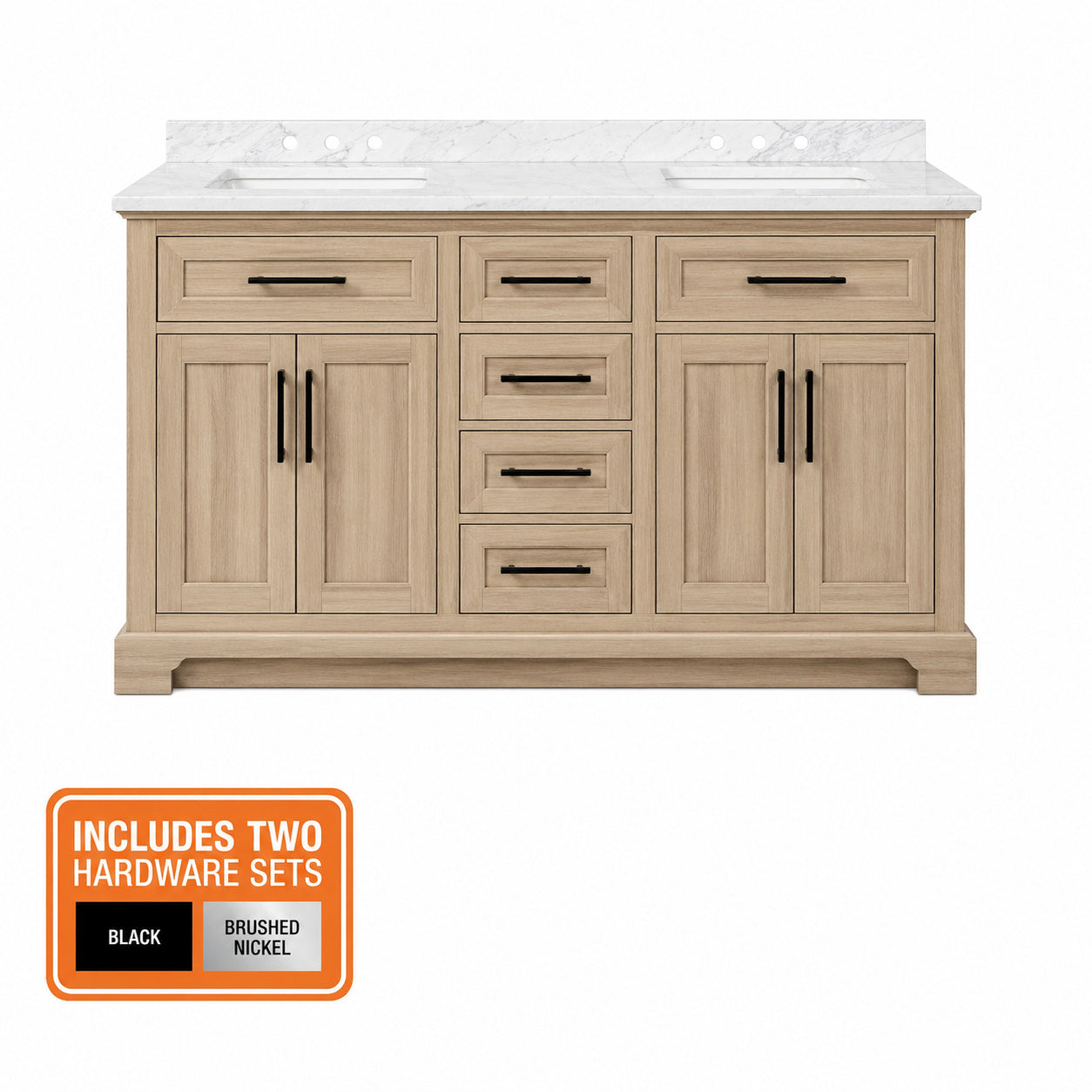Home Decorators Collection Doveton 60 in Double Sink Freestanding Weathered Tan Bath Vanity with White Engineered Marble Top Assembled Doveton