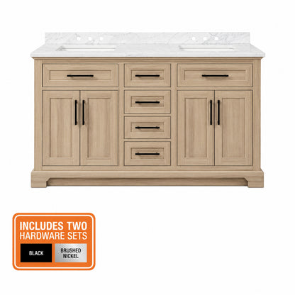 Home Decorators Collection Doveton 60 in Double Sink Freestanding Weathered Tan Bath Vanity with White Engineered Marble Top Assembled Doveton