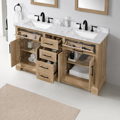 Home Decorators Collection Doveton 60 in Double Sink Freestanding Weathered Tan Bath Vanity with White Engineered Marble Top Assembled Doveton