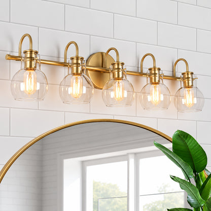 LNC Modern Light Gold Vanity Light 35 5 in 5 Light Bathroom Power Room Light with Globe Clear Glass Shades 7B32U2HD169W5S8