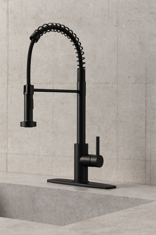 Single Handle Kitchen Faucet with Pull Down Function Sprayer Kitchen Sink Faucet with Deck Plate in Matte Black