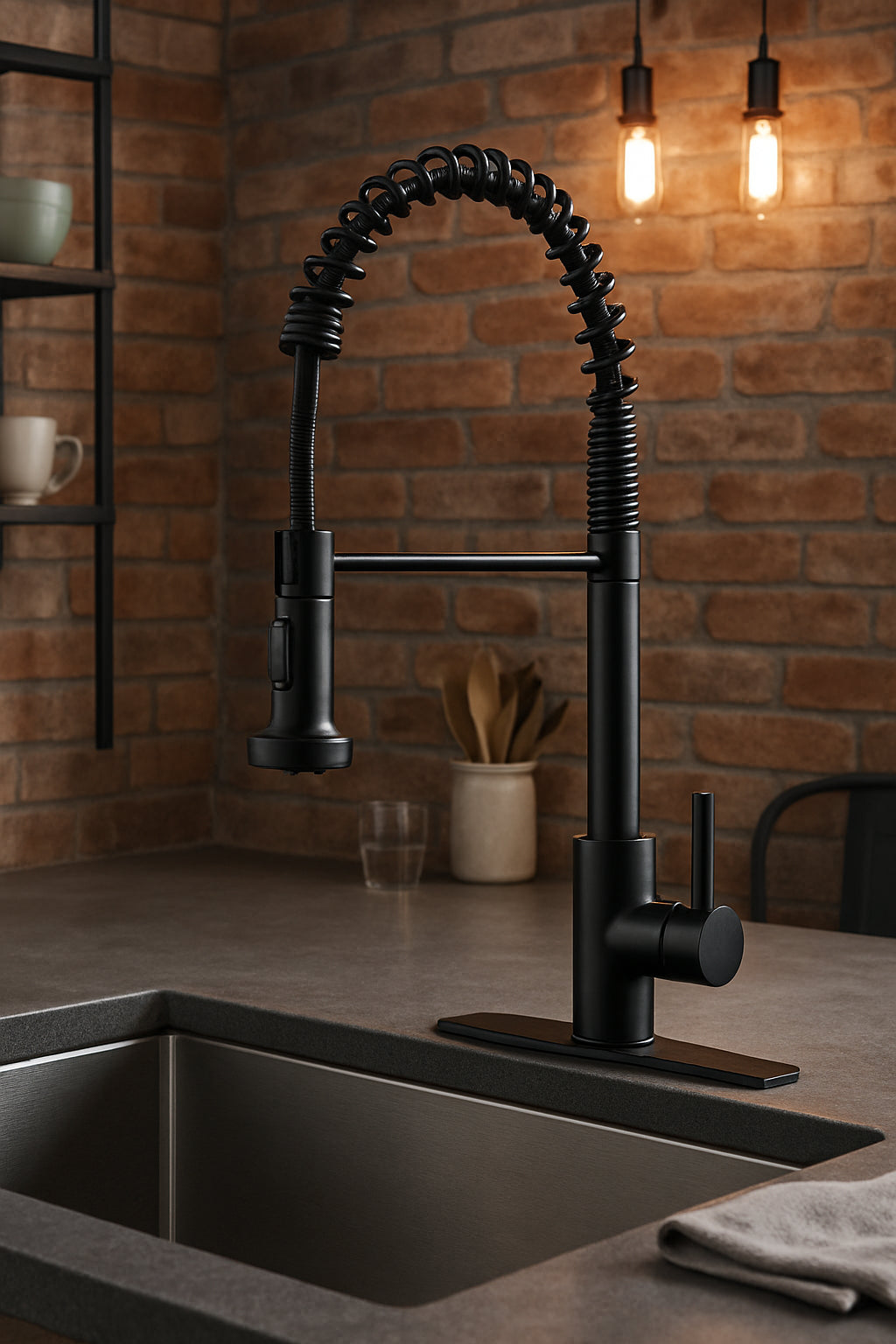 Single Handle Kitchen Faucet with Pull Down Function Sprayer Kitchen Sink Faucet with Deck Plate in Matte Black