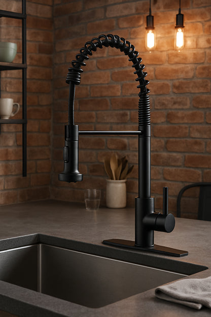 Single Handle Kitchen Faucet with Pull Down Function Sprayer Kitchen Sink Faucet with Deck Plate in Matte Black