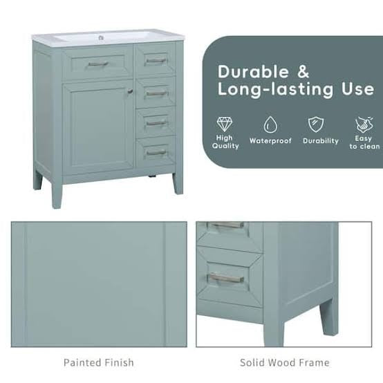 Virubi 30 in W Solid Wood Frame Bath Vanity in Green with White Ceramic Top 3 Drawers Storage Rack