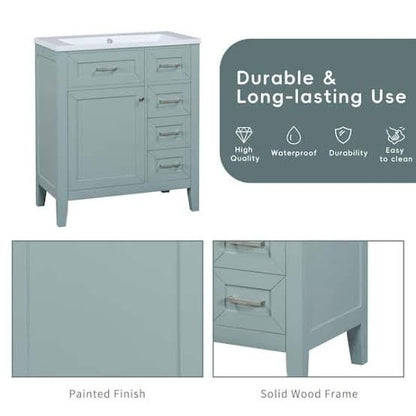 Virubi 30 in W Solid Wood Frame Bath Vanity in Green with White Ceramic Top 3 Drawers Storage Rack