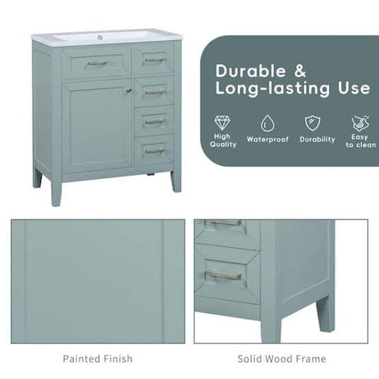 Virubi 30 in W Solid Wood Frame Bath Vanity in Green with White Ceramic Top 3 Drawers Storage Rack