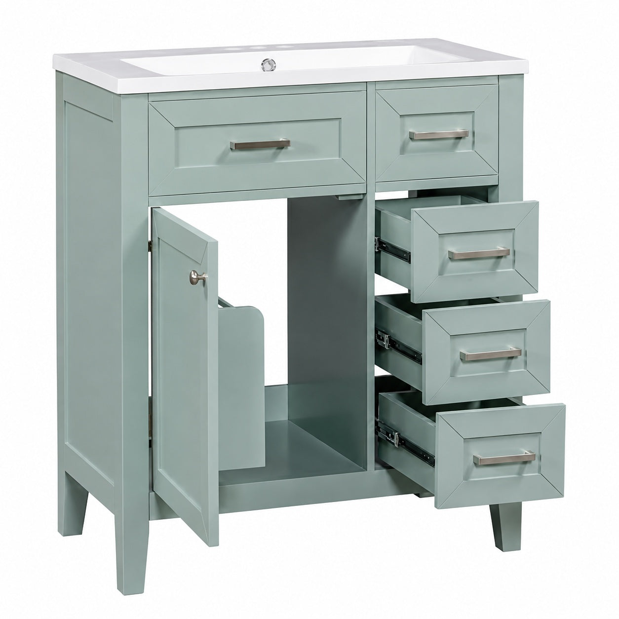 Virubi 30 in W Solid Wood Frame Bath Vanity in Green with White Ceramic Top 3 Drawers Storage Rack
