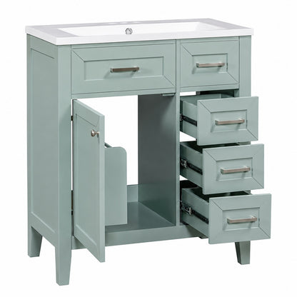 Virubi 30 in W Solid Wood Frame Bath Vanity in Green with White Ceramic Top 3 Drawers Storage Rack
