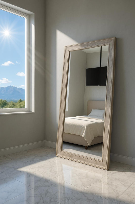 Rustic Floor Mirror, Framed Full Length Mirror Farmhouse Floor Mirror Faux Wood Hanging Wall Mirror 66" x 32", White 99312988847 HOMESTOCK