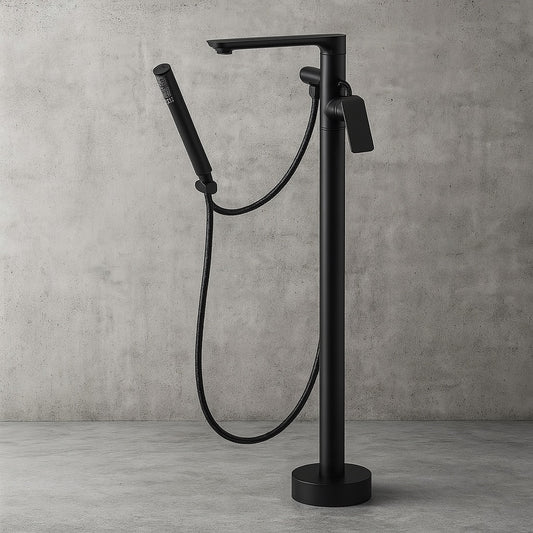 Kafir Singe Handle Floor Mount Freestanding Bathtub Faucet Filer with Hand Shower in Matte Black