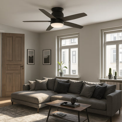 Hampton Bay Mena 44 in White Color Changing Integrated LED Indoor Outdoor Matte Black Hugger Ceiling Fan with Light Kit and Remote