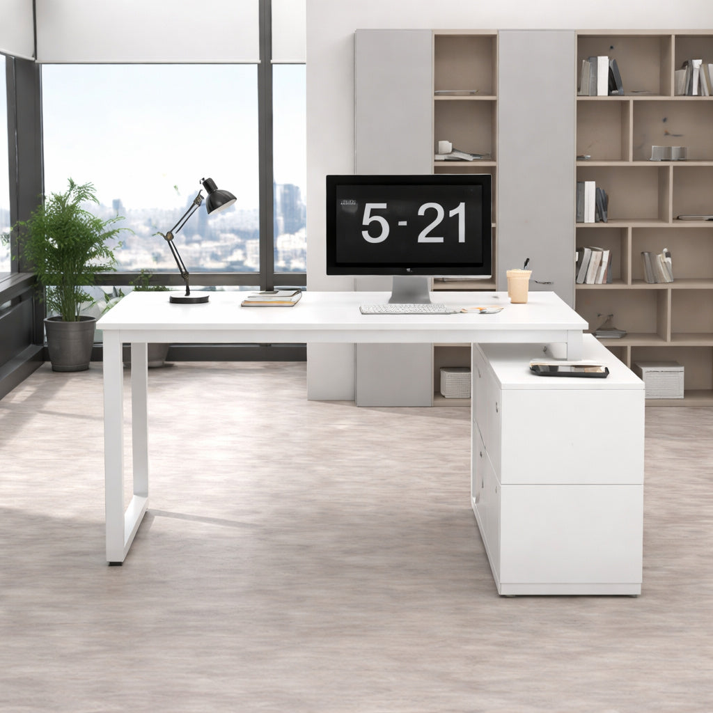 Fufu Gaga 55 1 W L Shape Wooden Computer Desk White Finish With 1 Drawer Open Shelves And Eco Friendly Paint Finish