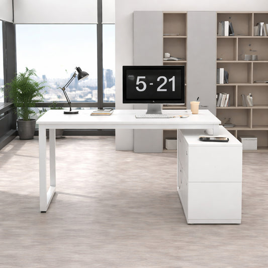 Fufu Gaga 55 1 W L Shape Wooden Computer Desk White Finish With 1 Drawer Open Shelves And Eco Friendly Paint Finish