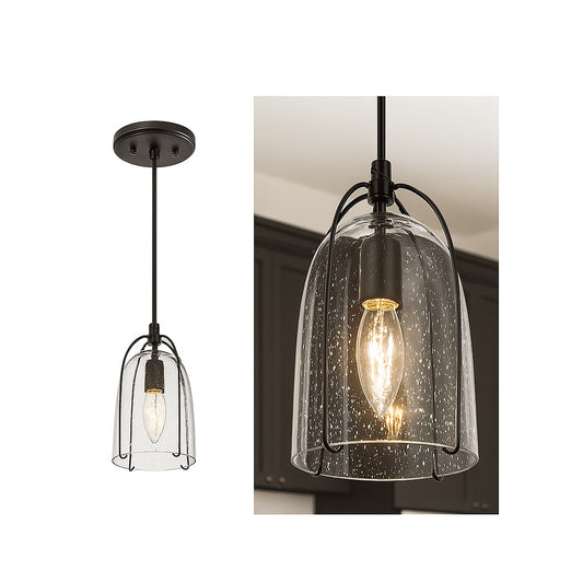 Modern Black Kitchen Island Hanging Light 1 Light Industrial Cage Dining Room Pendant Light with Seeded Glass Shade 628C7N7ZJJQ3821