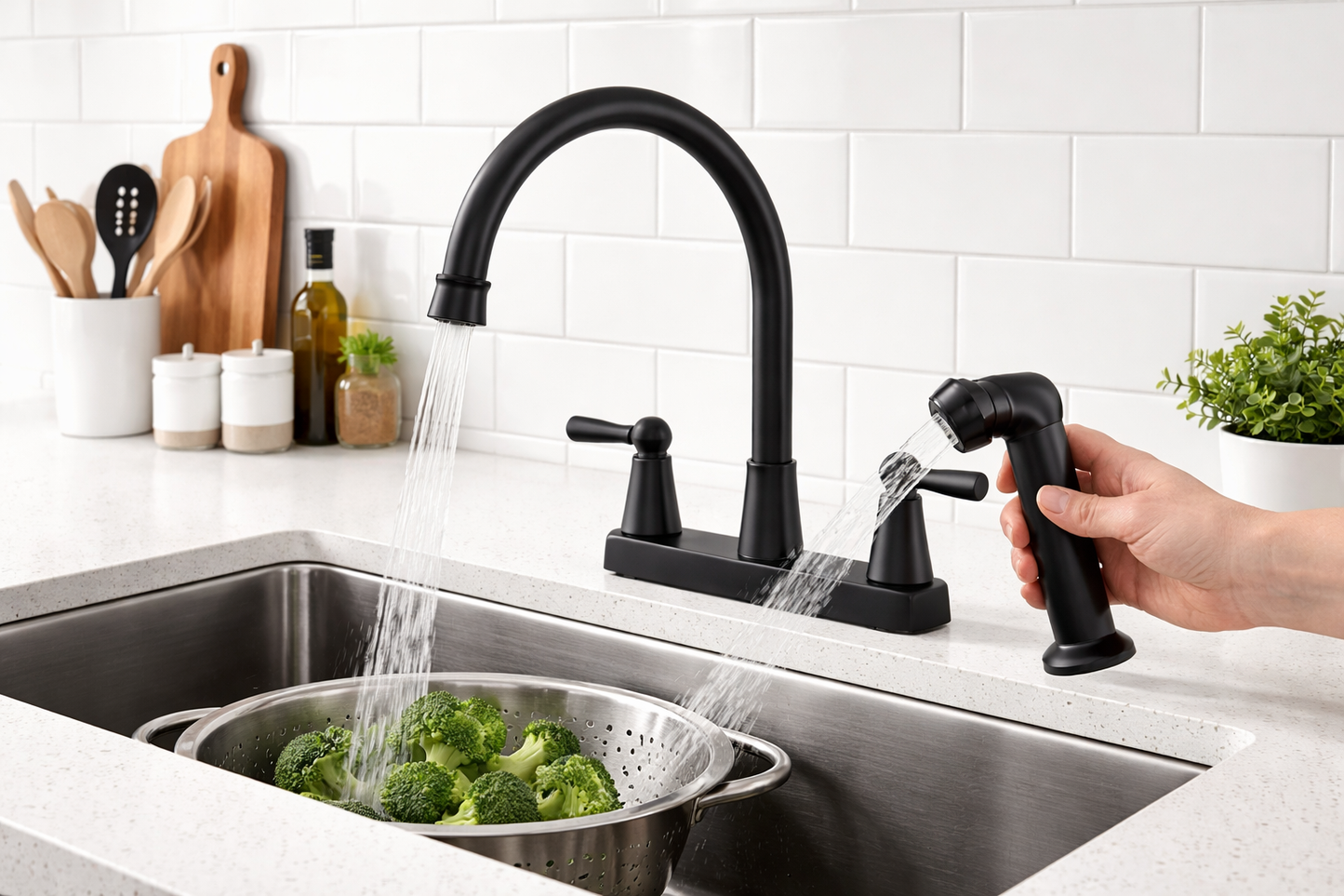 Glacier Bay Melina Double Handle Standard Kitchen Faucet with Side Sprayer in Matte Black
