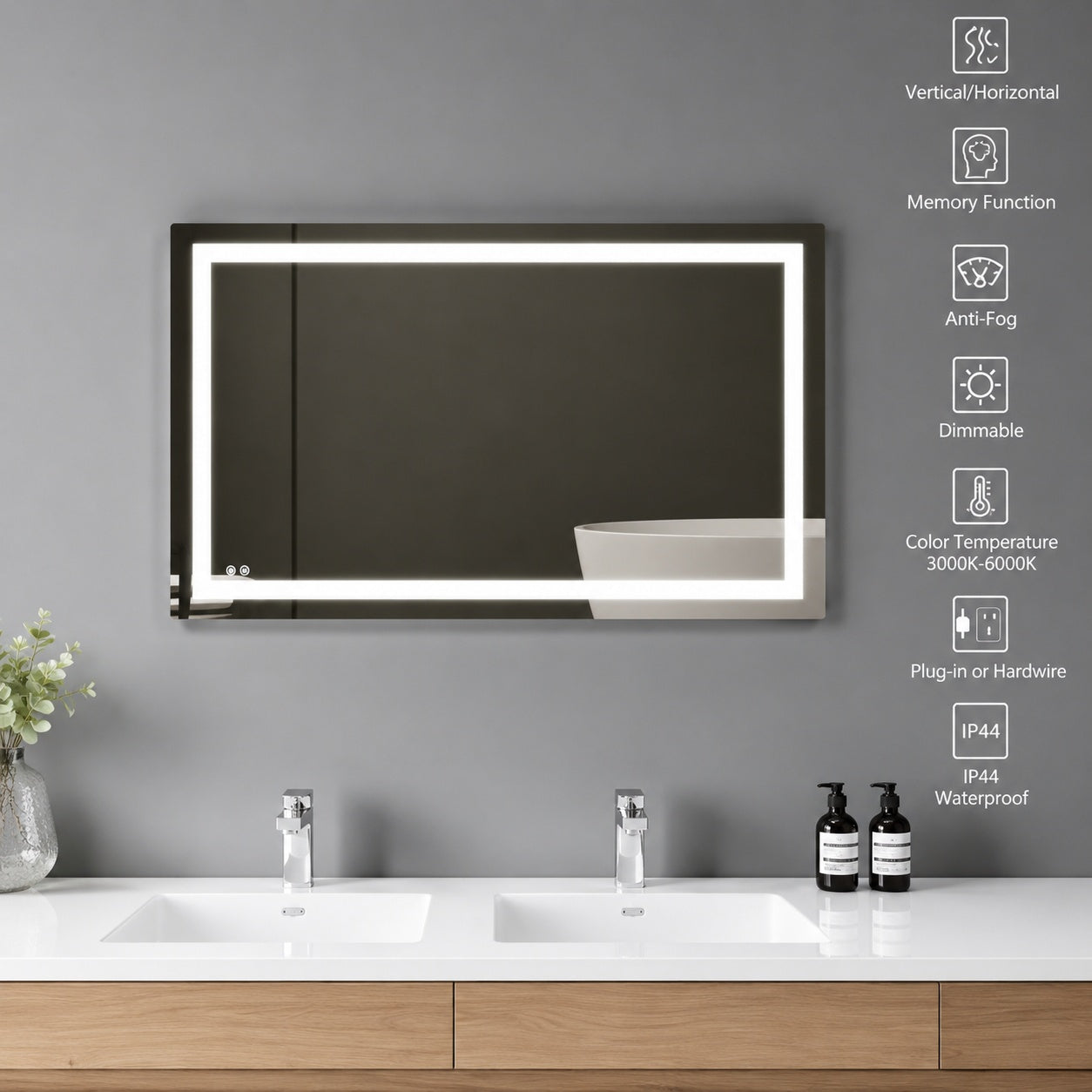 KINWELL 24 in W x 40 in H Rectangular Frameless Anti Fog LED Light Wall Mount Bathroom Vanity Mirror in Tempered Glass