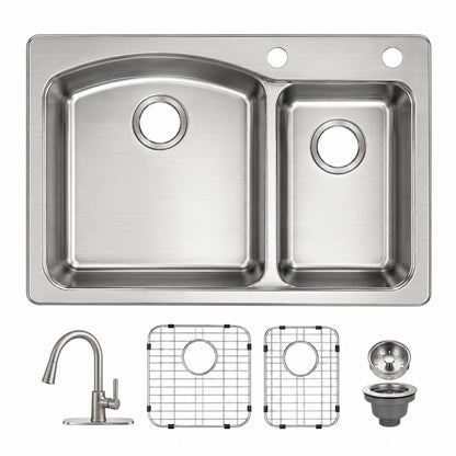 Glacier Bay Bratten 33 in Drop In 60 40 Double Bowl 18 Gauge Stainless Steel Kitchen Sink with Pull Down Faucet VT3322TA2PA1